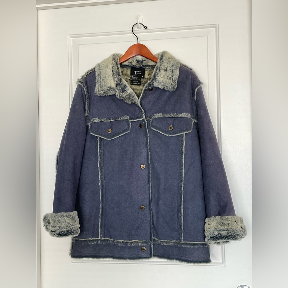 Vintage Dennis Basso Faux Fur Lined Blue Jacket Luxe Statement Designer Suede M